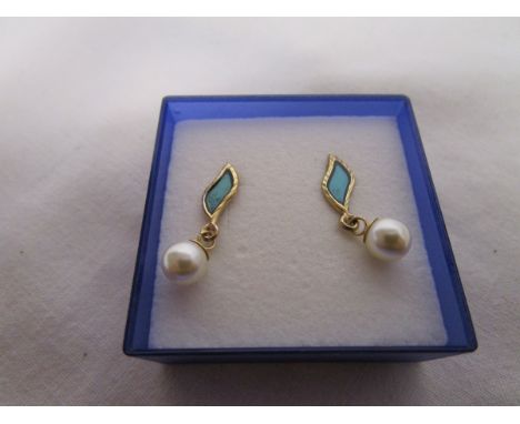 Gold pearl & enamel pair of earrings
