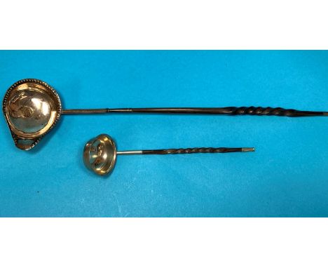 A Silver punch ladle inset with gold coin King Joan V, Portugal c 1725-30,  Whale bone wrythen  handle, plus another similar 