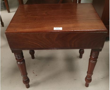 An early 19th century mahogany work table/stool; 3 small stools 