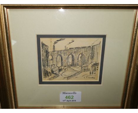 In the style of L S Lowry:  a pencil sketch on cigarette packet, 3"  4", framed and glazed 