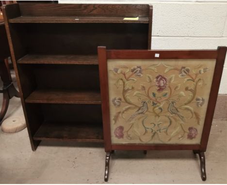 A 1930's oak small 4 height bookcase; a firescreen 