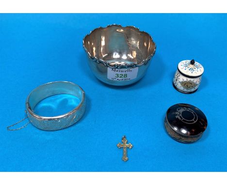 A silver bowl, 3 oz; a silver stiff hinged bangle; etc. 