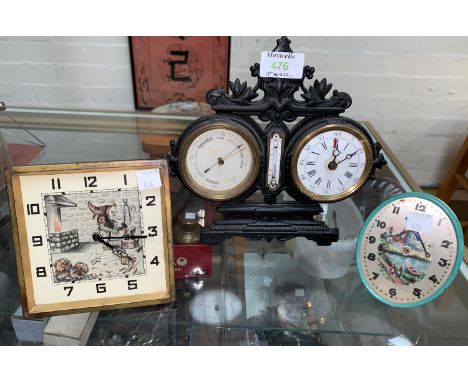 A late 19th/early 20th century cast metal mantel clock and barometer; a German novelty mantel clock ; and another 