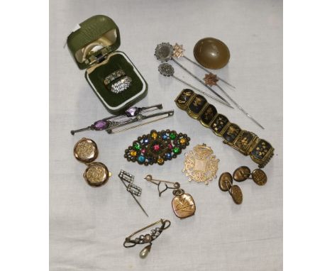 2 Silver brooches with amethyst coloured stones, 4 stick pins and other items of vintage costume jewellery 