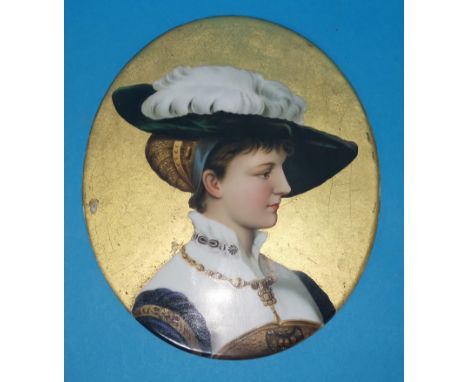 A 19th century continental hand painted porcelain oval plaque, portrait of a lady with gilt background, height 7.5" 