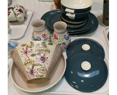 A 1950's pair of Poole vases; a similar bowl, platters and tureens; a 1960's Denby vase 