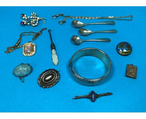 A silver stiff hinged bangle; a 19th century Wedgwood tiepin; other costume jewellery; etc. 