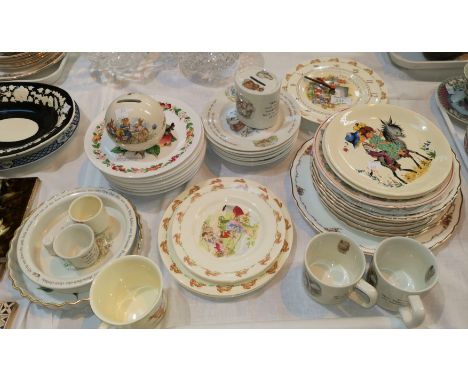 A selection of Bunnykins ware:  plates; clock; money box; etc.; other collectable plates:  Poole; Royal Albert; etc. 