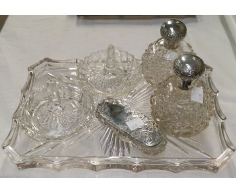A pair of cut glass globular scent bottles with hall marked silver tops with etched decoration BirminghamA small cut glass pi