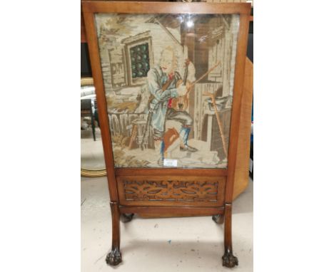 A Georgian style mahogany firescreen, inset Berlin woolwork panel, 28" 