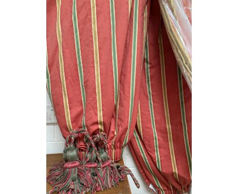 A large pair of Zoffany fabric curtains, in red stripe, lined, 80" drop x 120" max width, approx; 2 matching padded pelmets 