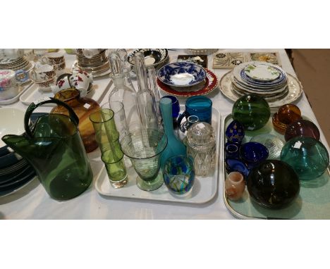 A selection of coloured decorative glassware, including Whitefriar's, Caithness, etc.; a collection of old bottles and fisher
