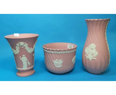 Three pieces of pink Wedgewood, Jasperware Jardiniere diameter 6" height 6.5", Vase height 8.5" with floral decoration, anoth