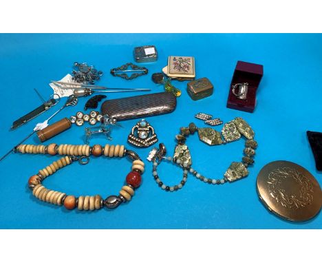 A hallmarked silver patch box with embossed lid, Birmingham 1899; a selection of costume jewellery; hatpins; etc. 