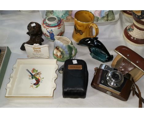A Poole dolphin and other china; a Voigtlander cameraq; a Nikon camera 
