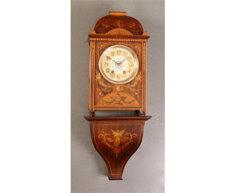 A Fine late 19th Century marquetry inlaid Rosewood and Satinwood BRACKET CLOCK. The caddy top case above a decorative painted