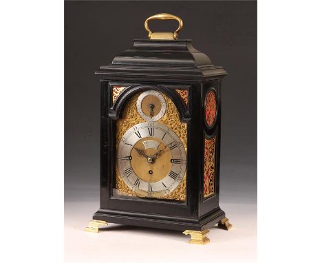 WILLIAM WEBSTER, EXCHANGE ALLEY, LONDONA fine mid 18th Century ebonized Bell top THREE TRAIN QUARTER STRIKING BRACKET CLOCK w