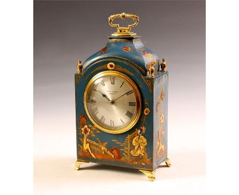 &nbsp;A blue lacquer and Chinoserie decorated arch-top MANTEL CLOCK with brass handle and splay feet circa 1900-20.&nbsp; The