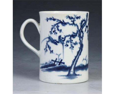 An unusual First Period Blue and White Worcester MUG&nbsp;decorated Chinosserie figures amidst trees in the "Walk in the Gard
