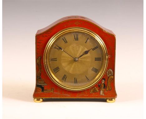 An Edwardian Chinoisserie decorated red Lacquer dome top MANTLE CLOCK with gilt engine turned Roman dial and French eight day