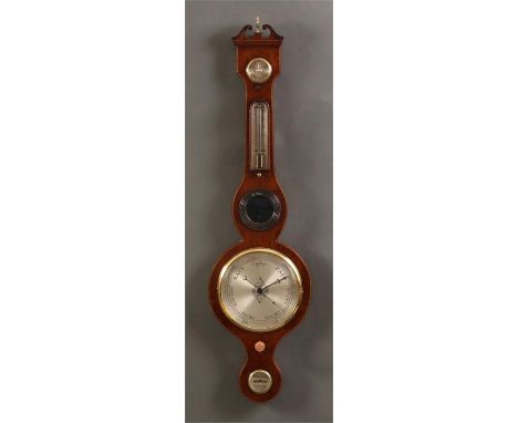 A late Georgian inlaid Mahogany five dial WHEEL BAROMETER with thermometer and 8&rdquo; engraved silvered dial 97cms high  