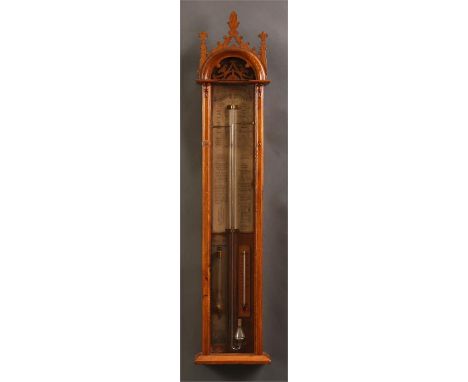 ADMIRAL FITZROY BAROMETERA good late 19th Century Gothic revival&nbsp;Oak Admiral Fitzroy BARMOMETER with printed paper dial,
