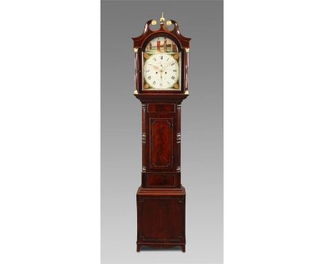 ROBERT McARRA, DUMFERMLINEA George IV figured Mahogany eight day LONGCASE CLOCK with panelled base and trunk flanked by carve