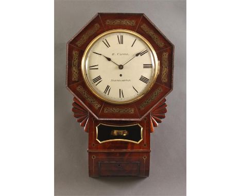 B. CAPELL, NORTHAMPTONA good late Regency brass inlaid flame Mahogany DROP DIAL WALL CLOCK with octagonal surround, carved fa