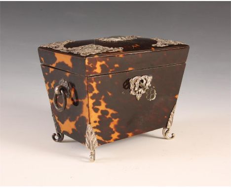 A fine Victorian Tortoiseshell TEA CADDY of small size, the tapering body with ring handles, pierced embossed rococo Silver m