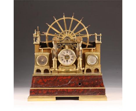 A fine and rare late 19th Century French Bronze and Rouge Marble AUTOMATA INDUSTRIAL WATER WHEEL CLOCK with galleried top and