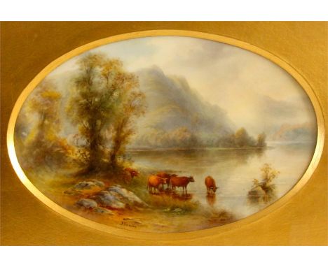 JOHN STINTONA fine Royal Worcester large oval Porcelain PLAQUE hand painted with cattle watering by a rocky tree lined bank w