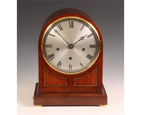 A late 19th Century arch-top Mahogany German Winterhalder &amp; Hofmeier MANTEL CLOCK with silvered Roman convex dial frontin
