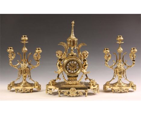 A good late 19th Century French Cast Brass three piece MANTEL GARNITURE CLOCK SET with three branch Candelabra with swag and 