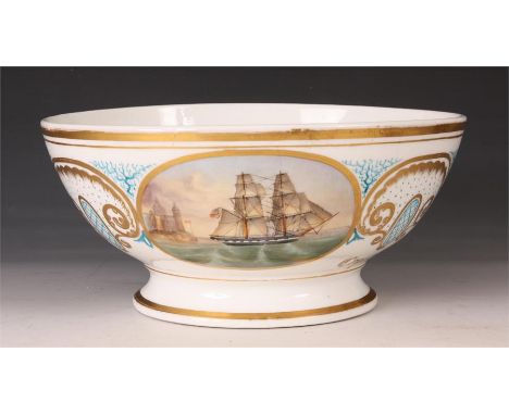 An unusual early to mid 19th Century Opaque white Glass Maritime PRESENTATION BOWL with gilt scrolled leaf work and hatched b