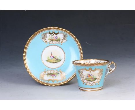 A good Chamberlain &amp; Co. Worcester Porcelain Cabinet Cup and Saucer in the Sevres style with gilt borders and painted pan