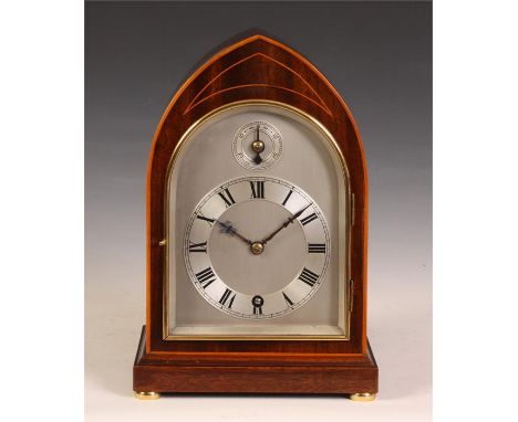 A late 19th Century boxwood strung Mahogany Winterhalder &amp; Hofmeier lancet-top MANTEL CLOCK with silvered sheet brass dia