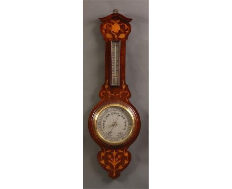 A good late 19th Century florally inlaid Mahogany ANEROID BAROMETER/THERMOMETER in the Art-Nouveau style with engraved silver