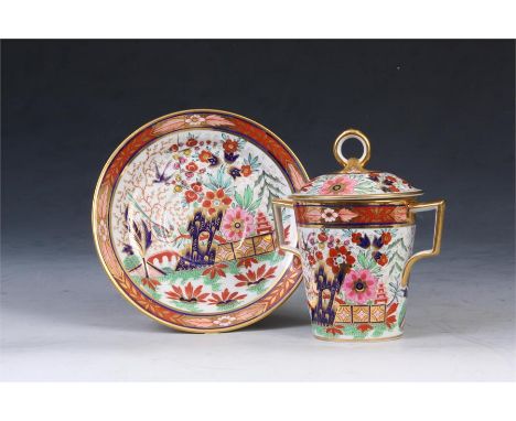 A fine Barr, Flight &amp; Barr Worcester two-handled Chocolate Cup, Cover and Stand richly painted in vibrant colours with bi
