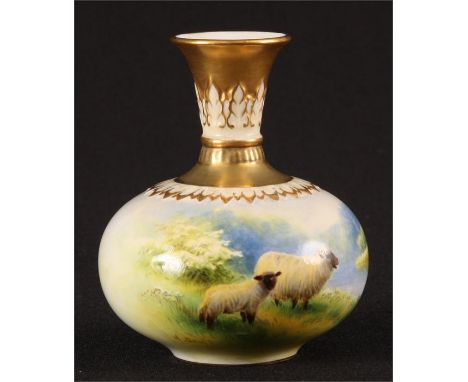 HARRY DAVISA fine Royal Worcester squat bulbous VASE with gilded relief moulded short neck painted with sheep in a springtime