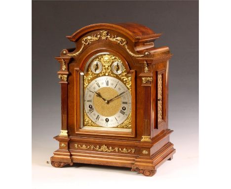 A fine late 19th Century Lenzkirch, German Boardroom style figured Walnut BRACKET CLOCK. The ornate arched top case with gilt