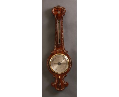 MANSFIELD, SHAFTESBURYAn early Victorian mother of pearl inlaid Rosewood WHEEL BAROMETER with thermometer to the stem and eng