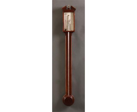 DONEGAN, NEWCASTLEA George III inlaid Mahogany STICK BAROMETER with engraved silvered dial and alcohol thermometer 100cms hig