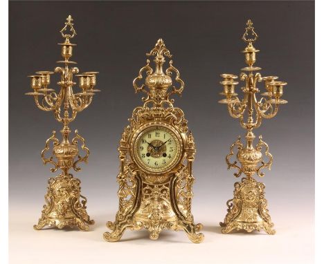 &nbsp;An ornate late 19th Century French Brass three piece MANTEL GARNITURE CLOCK SET with five light Candelabra.&nbsp; The c