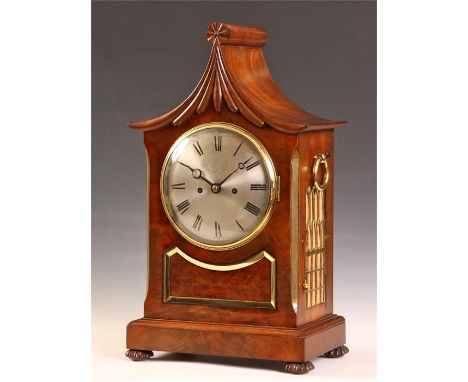 FIELD &amp; SON AYLESBURYA good late Regency figured Mahogany pagoda-top BRACKET CLOCK with carved fluted decoration, brass e