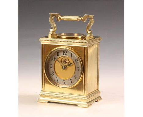 A good late 19th Century Brass carriage type DESK CLOCK with ornate folding handle and inset circular silvered thermometer an