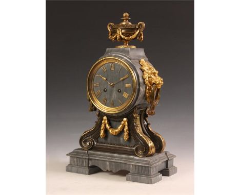 An unusual mid to late 19th Century French Regency style grey Marble and Gilt Brass mounted MANTEL CLOCK with urn surmount, l