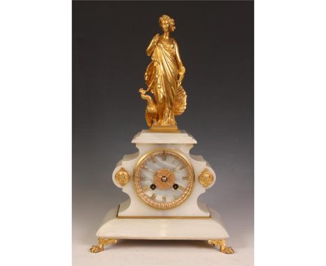 A stylish late 19th Century French Onyx and Gilt Bronze MANTEL CLOCK the shaped case with skirted base, paw feet and draped f