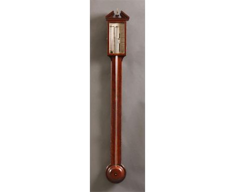 MELLOR &amp; CoA George III inlaid Mahogany STICK BAROMETER with engraved silvered dial and alcohol thermometer 99cms high