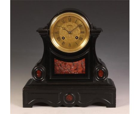 A stylish late 19th Century Black Slate and coloured marble inlaid dome-top MANTEL CLOCK with shaped base and scrolled sides 