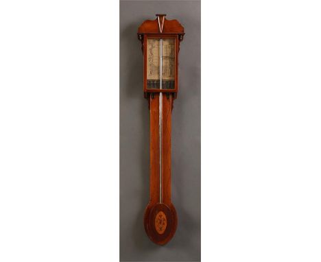 BRAITHWAITE, HALIFAXAn unusual George III Mahogany STICK BAROMETER with shaped pediment and inlaid oval cistern cover; with a